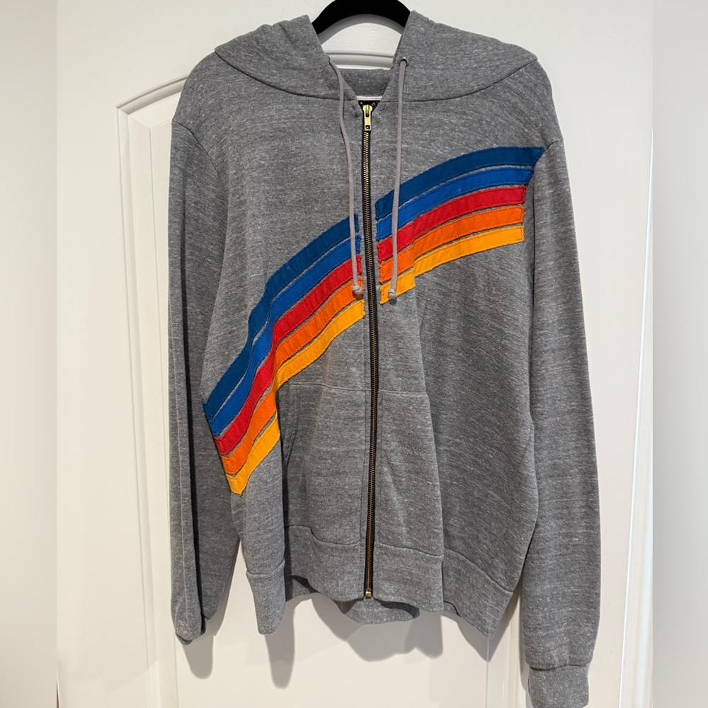 Aviator Nation Gray Zip-Up Sweater with Blue, Red, and Orange Stripe